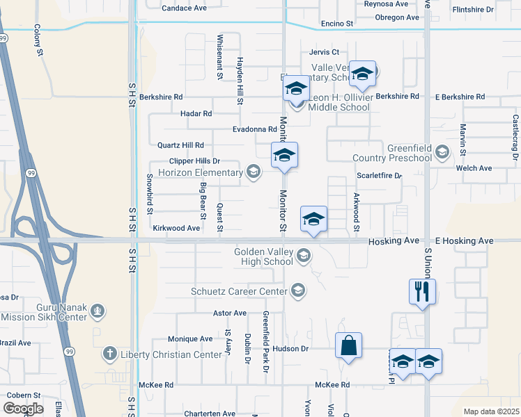 map of restaurants, bars, coffee shops, grocery stores, and more near 7901 Monitor Street in Bakersfield