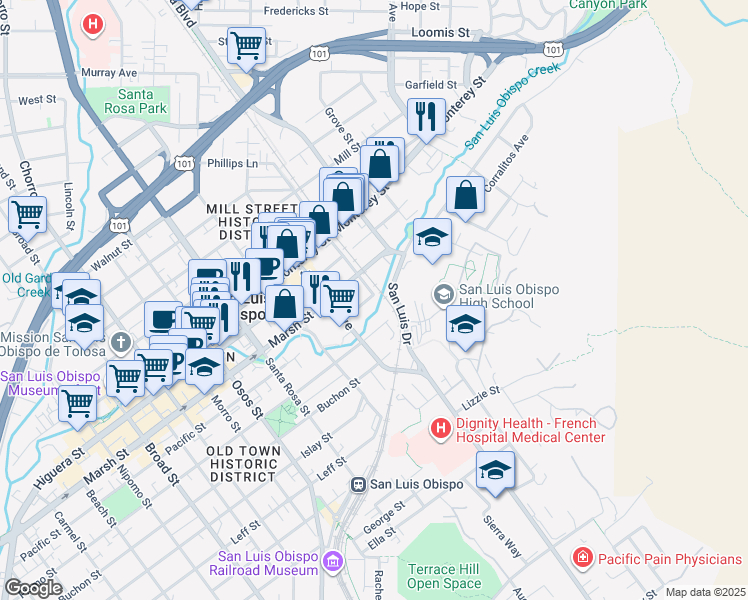 map of restaurants, bars, coffee shops, grocery stores, and more near 1371 Pacific Street in San Luis Obispo