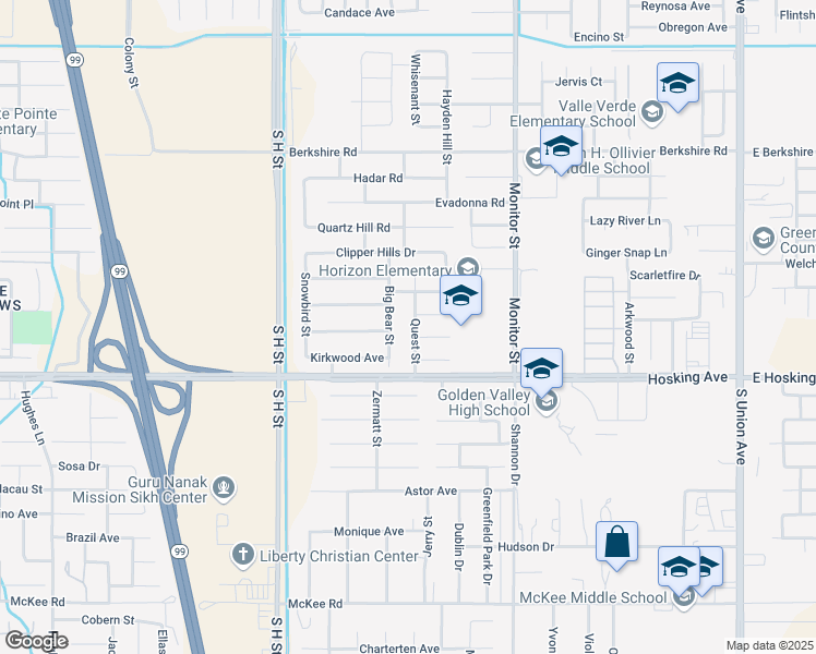 map of restaurants, bars, coffee shops, grocery stores, and more near 7909 Quest Street in Bakersfield