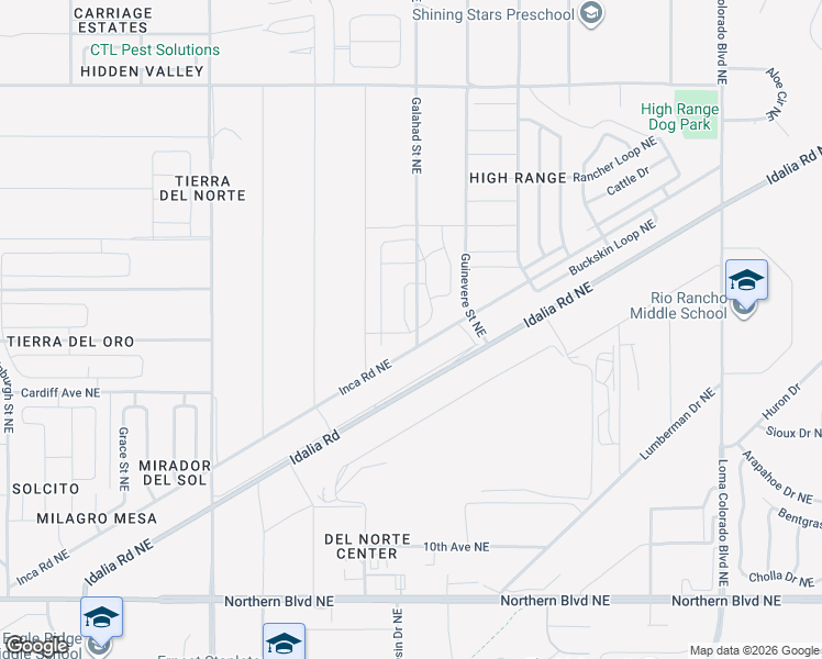 map of restaurants, bars, coffee shops, grocery stores, and more near Galahad Street Northeast in Rio Rancho