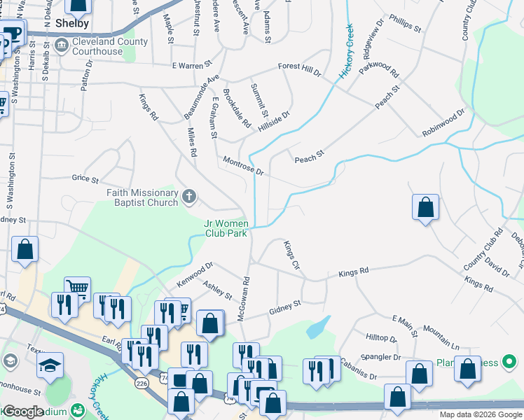 map of restaurants, bars, coffee shops, grocery stores, and more near 1304 Pinecone Ln in Shelby