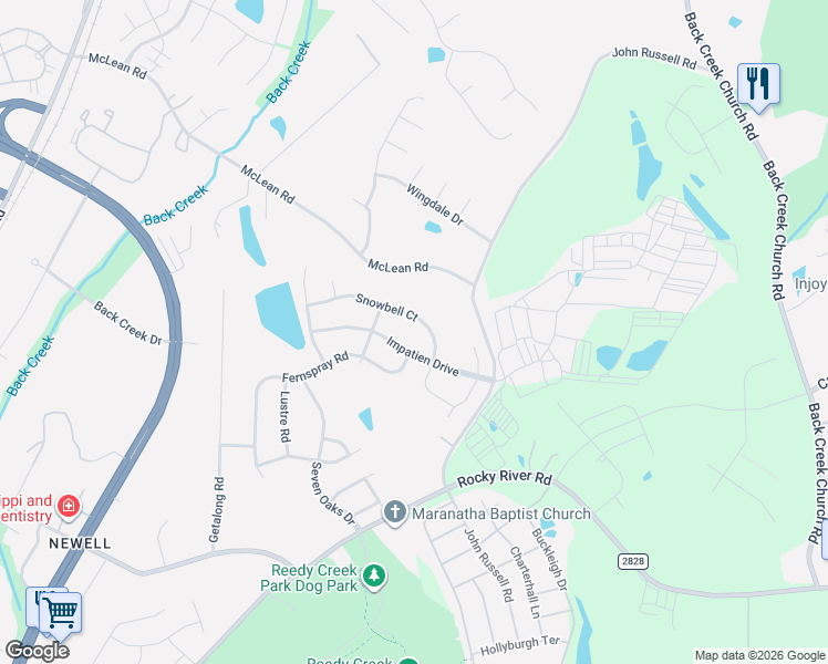 map of restaurants, bars, coffee shops, grocery stores, and more near 10021 Fernspray Road in Charlotte