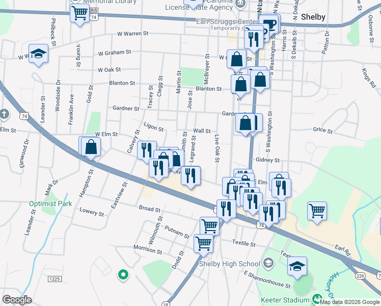 map of restaurants, bars, coffee shops, grocery stores, and more near 702 Legrand Street in Shelby