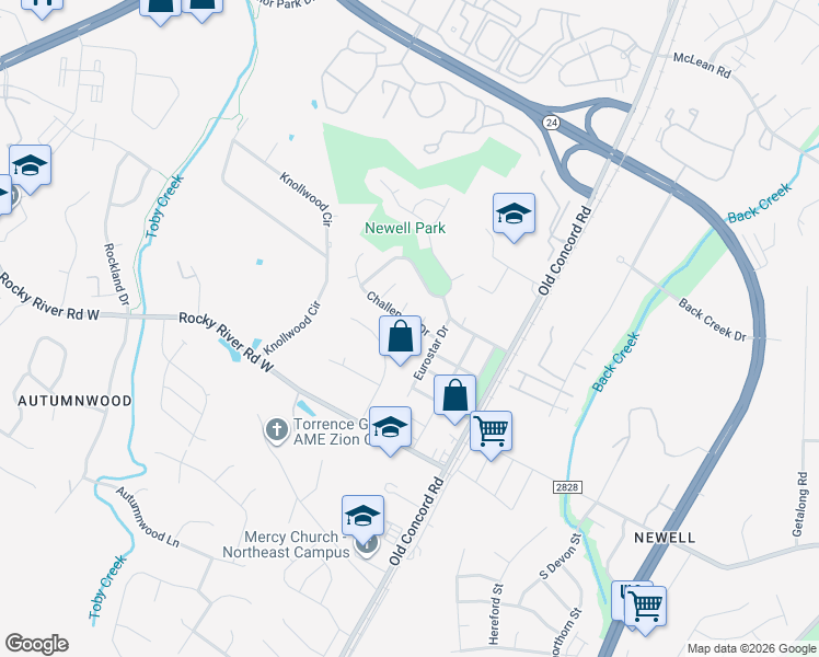 map of restaurants, bars, coffee shops, grocery stores, and more near 8619 Challenger Drive in Charlotte