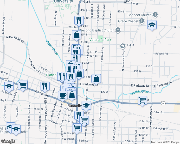 map of restaurants, bars, coffee shops, grocery stores, and more near 521 North Boston Place in Russellville