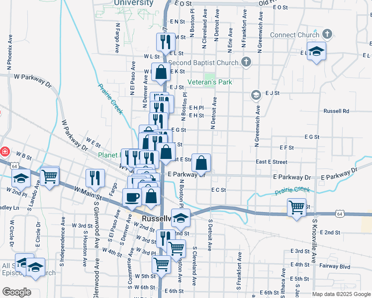 map of restaurants, bars, coffee shops, grocery stores, and more near 521 North Boston Place in Russellville