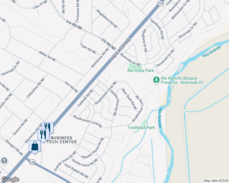 map of restaurants, bars, coffee shops, grocery stores, and more near 6501 Blue Quail Road Northeast in Rio Rancho