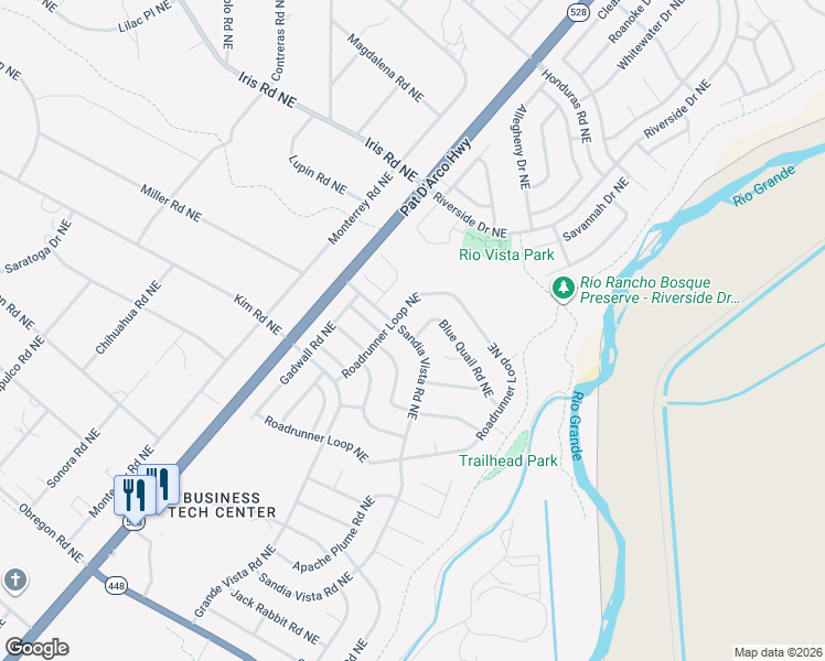 map of restaurants, bars, coffee shops, grocery stores, and more near 6501 Blue Quail Road Northeast in Rio Rancho