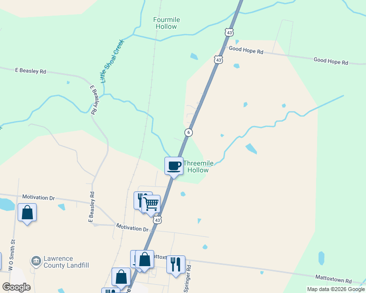 map of restaurants, bars, coffee shops, grocery stores, and more near 2782 U.S. 43 in Lawrenceburg