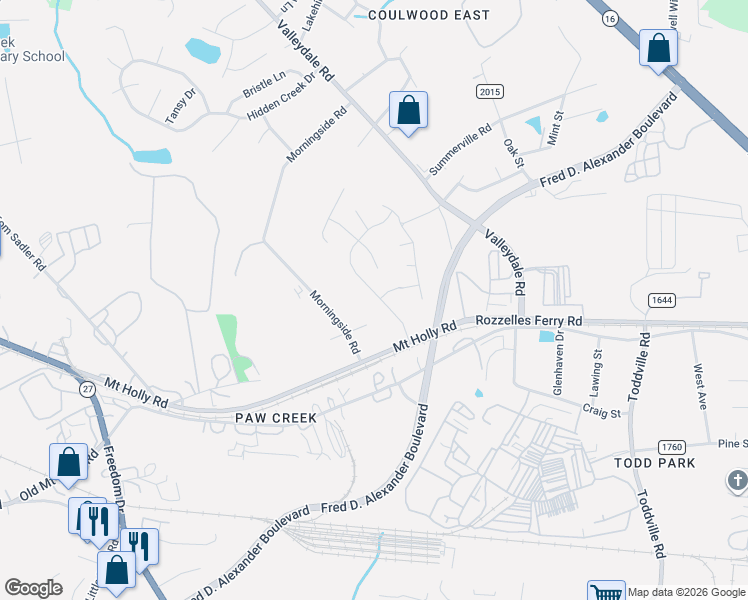 map of restaurants, bars, coffee shops, grocery stores, and more near 215 Winding Canyon Drive in Charlotte