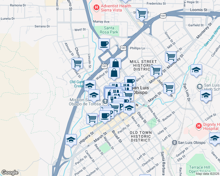 map of restaurants, bars, coffee shops, grocery stores, and more near 896 Mill Street in San Luis Obispo