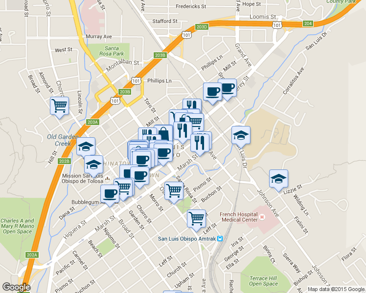 map of restaurants, bars, coffee shops, grocery stores, and more near 1210 Higuera St in San Luis Obispo