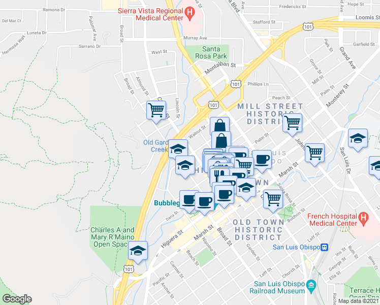 map of restaurants, bars, coffee shops, grocery stores, and more near 699 Chorro Street in San Luis Obispo