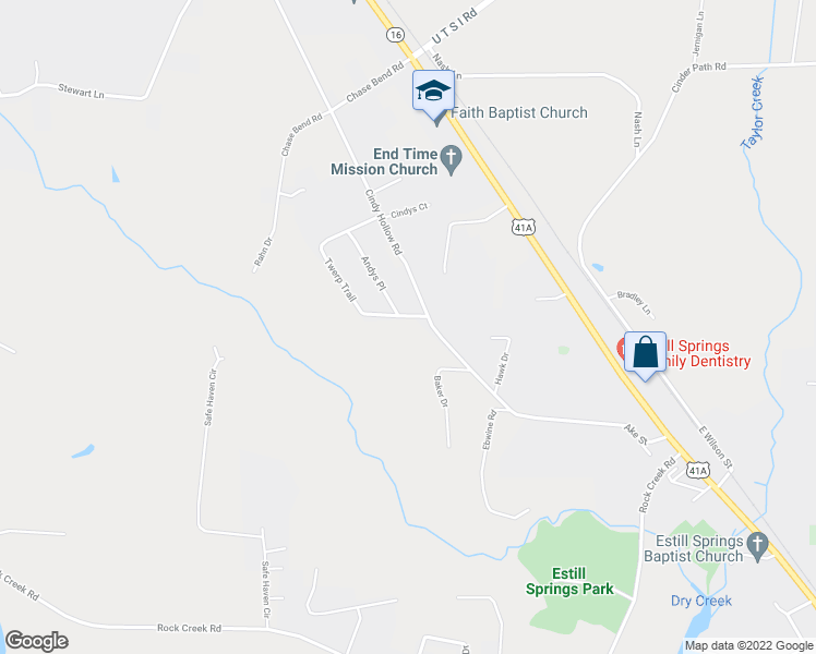 map of restaurants, bars, coffee shops, grocery stores, and more near 41 Twerp Trail in Estill Springs