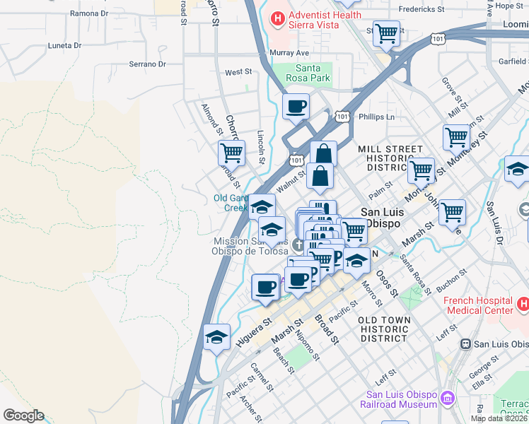 map of restaurants, bars, coffee shops, grocery stores, and more near 682 Broad Street in San Luis Obispo