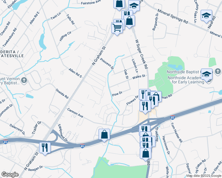 map of restaurants, bars, coffee shops, grocery stores, and more near 5200 Wales Street in Charlotte
