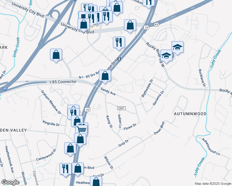 map of restaurants, bars, coffee shops, grocery stores, and more near 225 Sandy Avenue in Charlotte