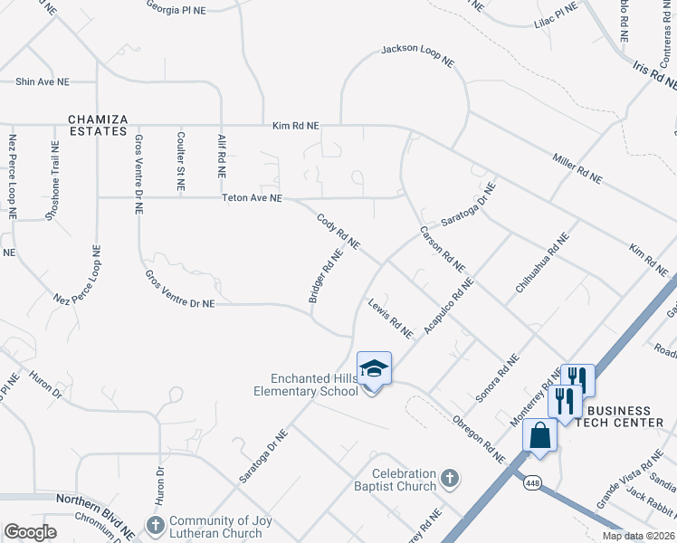 map of restaurants, bars, coffee shops, grocery stores, and more near 1490 Bridger Road Northeast in Rio Rancho