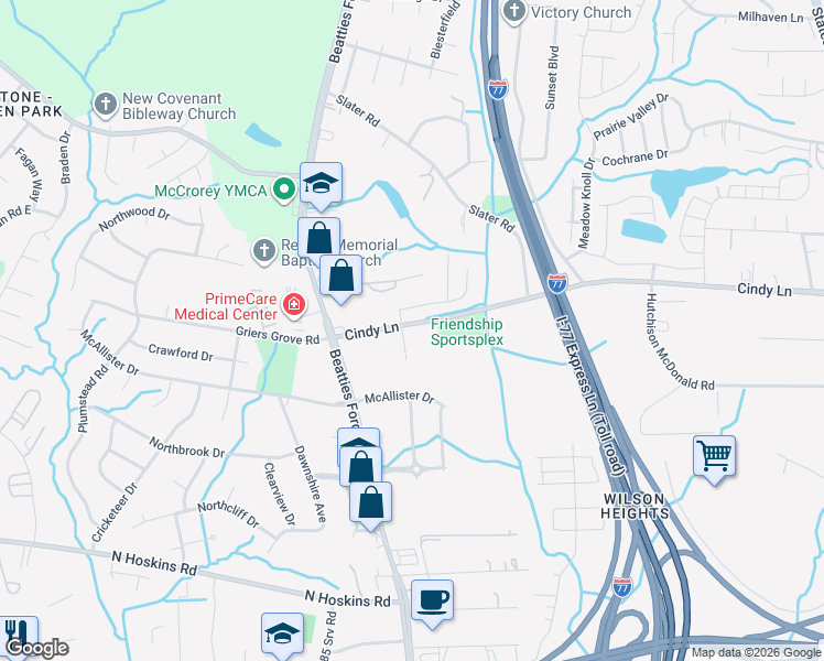 map of restaurants, bars, coffee shops, grocery stores, and more near 2218 Cindy Lane in Charlotte