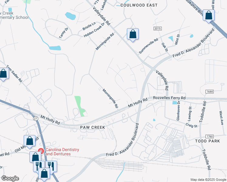 map of restaurants, bars, coffee shops, grocery stores, and more near 215 Winding Canyon Drive in Charlotte