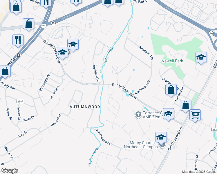 map of restaurants, bars, coffee shops, grocery stores, and more near 800-840 Rocky River Rd W in Charlotte