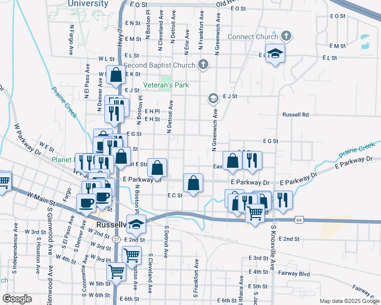 map of restaurants, bars, coffee shops, grocery stores, and more near 502 East F Street in Russellville