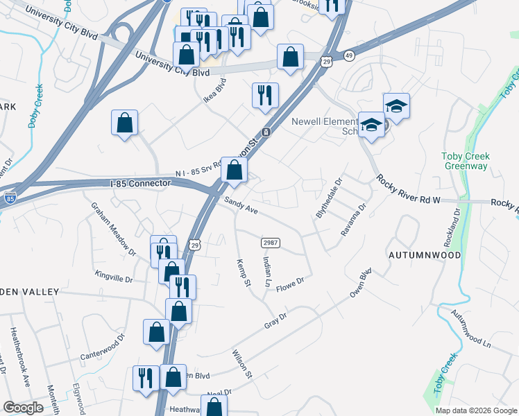 map of restaurants, bars, coffee shops, grocery stores, and more near 225 Sandy Avenue in Charlotte