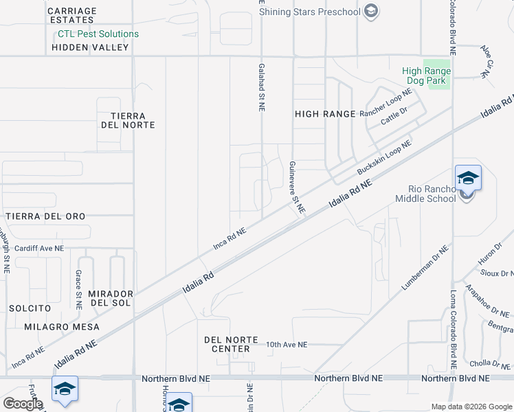 map of restaurants, bars, coffee shops, grocery stores, and more near Galahad Street Northeast in Rio Rancho