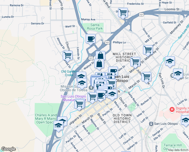 map of restaurants, bars, coffee shops, grocery stores, and more near 870 Mill Street in San Luis Obispo
