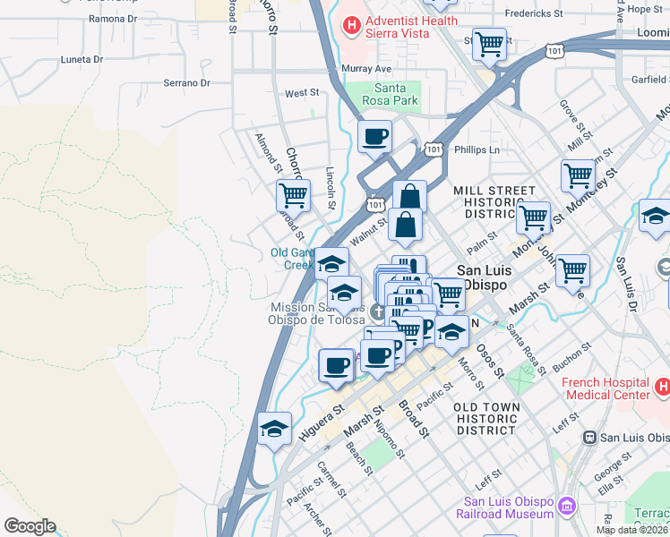 map of restaurants, bars, coffee shops, grocery stores, and more near 660 Peach Street in San Luis Obispo