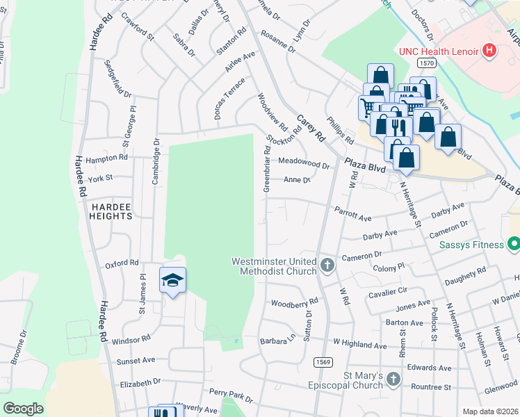 map of restaurants, bars, coffee shops, grocery stores, and more near 1912 Greenbriar Road in Kinston