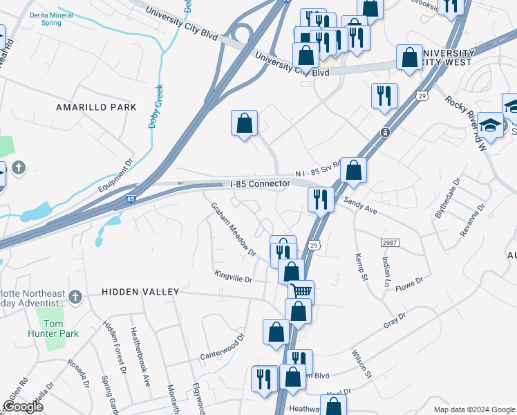 map of restaurants, bars, coffee shops, grocery stores, and more near 332 Orchard Trace Lane in Charlotte
