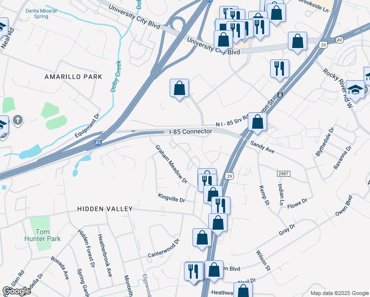 map of restaurants, bars, coffee shops, grocery stores, and more near 332 Orchard Trace Lane in Charlotte