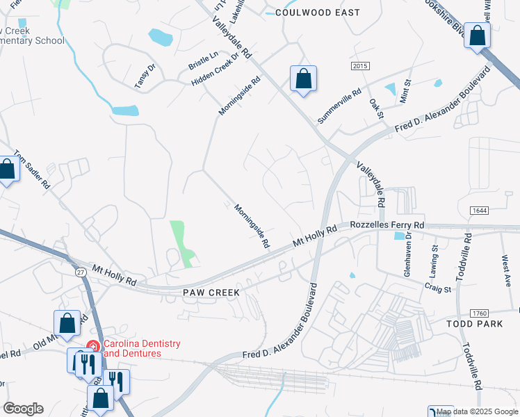 map of restaurants, bars, coffee shops, grocery stores, and more near 215 Winding Canyon Drive in Charlotte