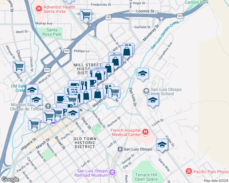 map of restaurants, bars, coffee shops, grocery stores, and more near 1305 Marsh Street in San Luis Obispo