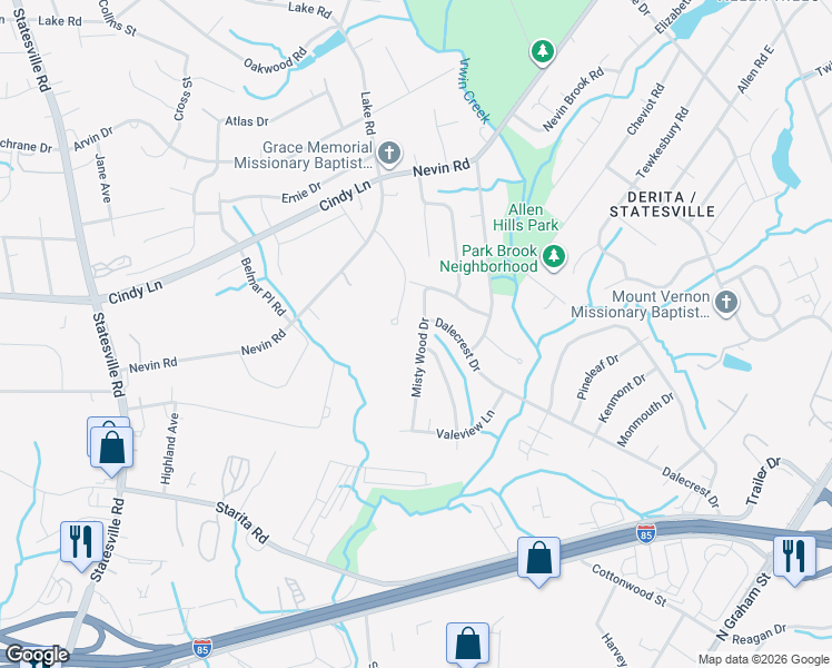 map of restaurants, bars, coffee shops, grocery stores, and more near 3515 Misty Wood Drive in Charlotte