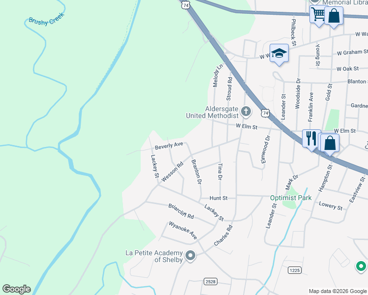 map of restaurants, bars, coffee shops, grocery stores, and more near 698 Branton Dr in Shelby