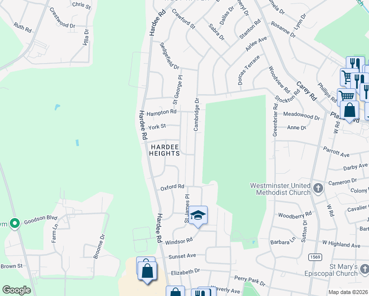 map of restaurants, bars, coffee shops, grocery stores, and more near 1701 St George Pl in Kinston
