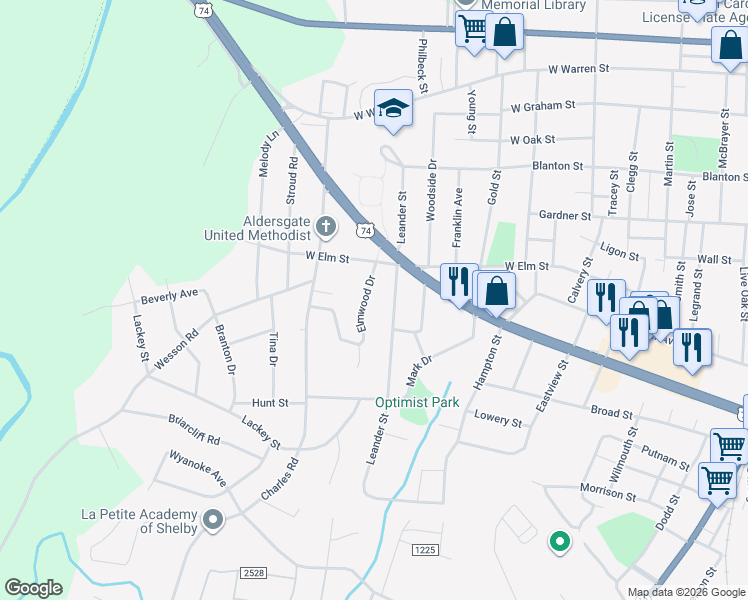 map of restaurants, bars, coffee shops, grocery stores, and more near 809 Elmwood Drive in Shelby