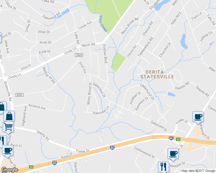 map of restaurants, bars, coffee shops, grocery stores, and more near 3200 Fincher Boulevard in Charlotte