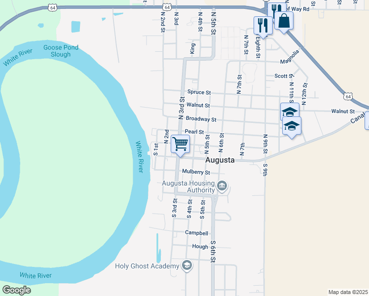 map of restaurants, bars, coffee shops, grocery stores, and more near 101 North 2nd Street in Augusta