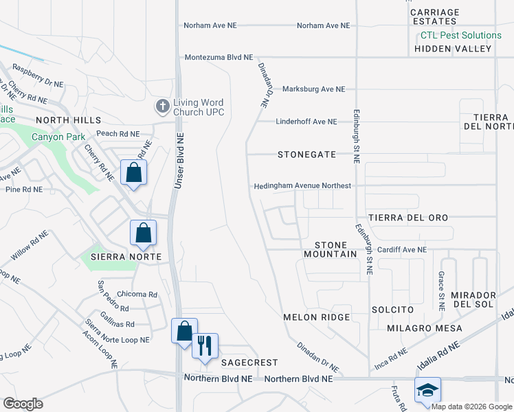 map of restaurants, bars, coffee shops, grocery stores, and more near Dinadan Drive Northeast in Rio Rancho