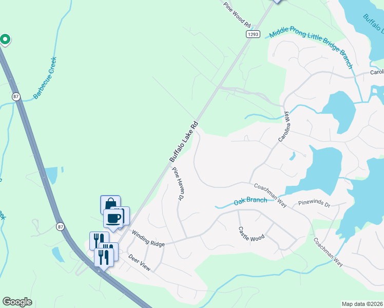 map of restaurants, bars, coffee shops, grocery stores, and more near 130 Coachman Way in Sanford