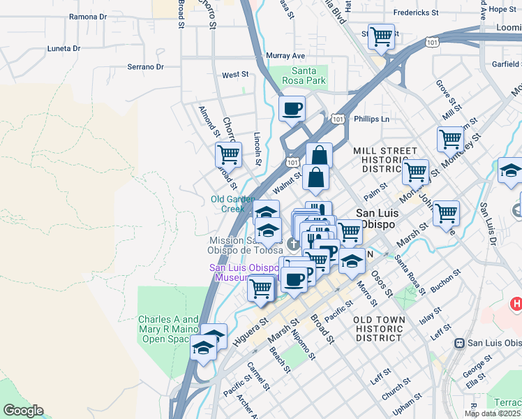 map of restaurants, bars, coffee shops, grocery stores, and more near 682 Broad Street in San Luis Obispo