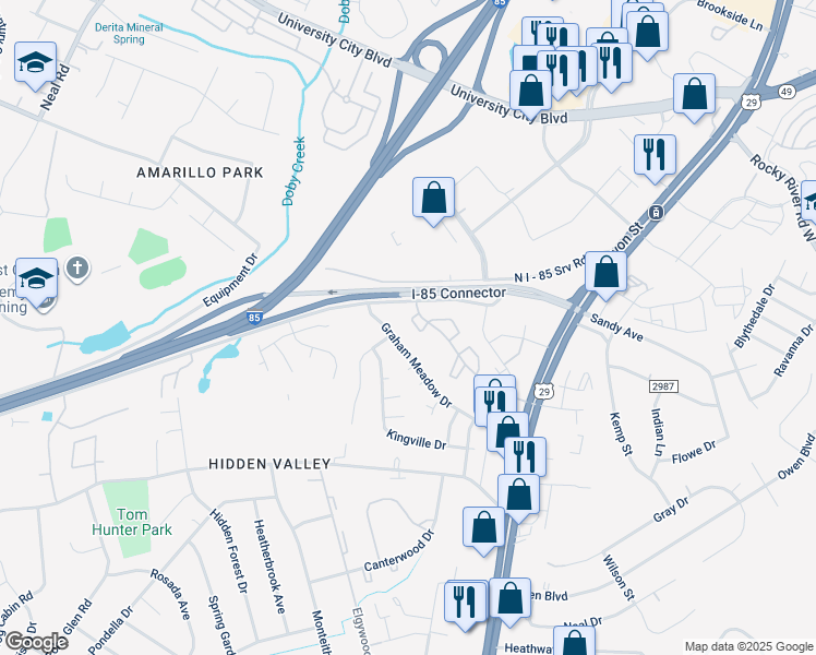 map of restaurants, bars, coffee shops, grocery stores, and more near 415 Orchard Trace Lane in Charlotte