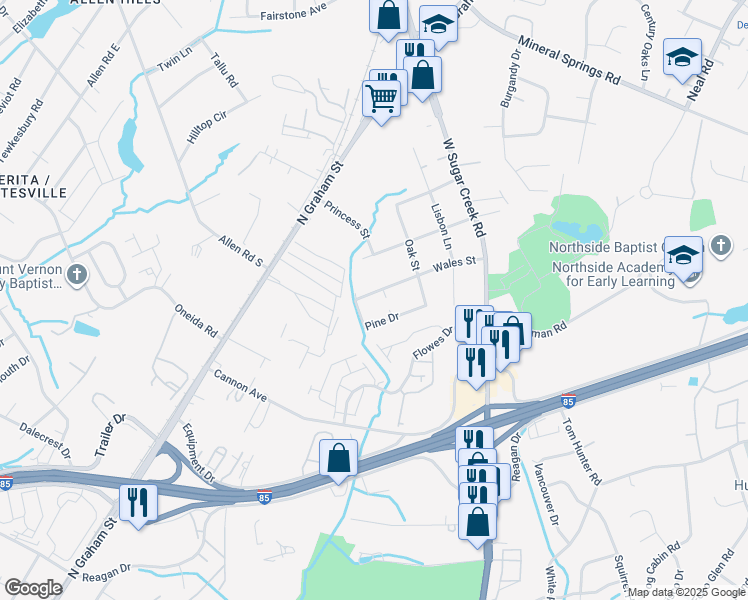 map of restaurants, bars, coffee shops, grocery stores, and more near 5200 Wales Street in Charlotte