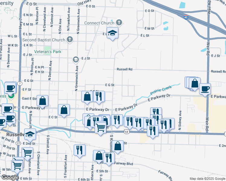 map of restaurants, bars, coffee shops, grocery stores, and more near 510 North Knoxville Avenue in Russellville
