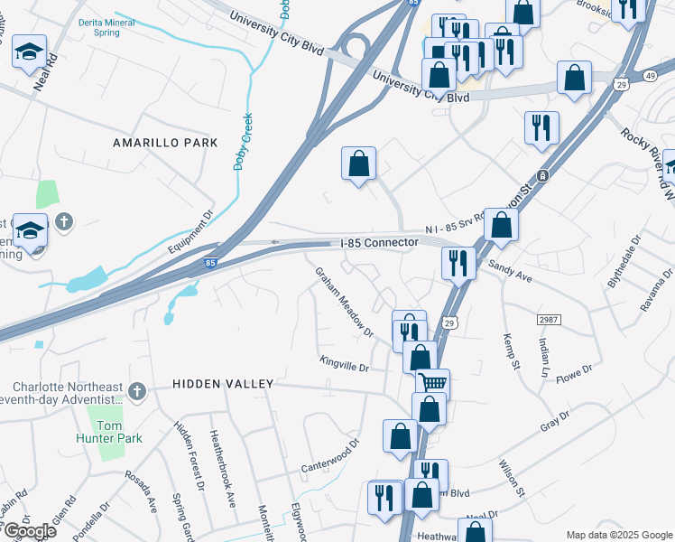 map of restaurants, bars, coffee shops, grocery stores, and more near 415 Orchard Trace Lane in Charlotte