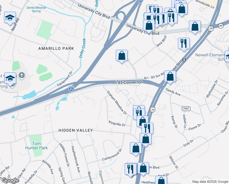 map of restaurants, bars, coffee shops, grocery stores, and more near 415 Orchard Trace Lane in Charlotte