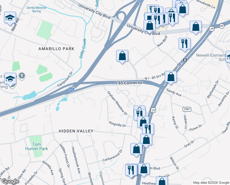map of restaurants, bars, coffee shops, grocery stores, and more near 415 Orchard Trace Lane in Charlotte